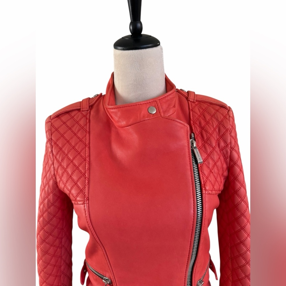 Barbara Bui RARE Coral Lambskin Leather Quilted Sleeves Moto Jacket - Picture 8 of 12